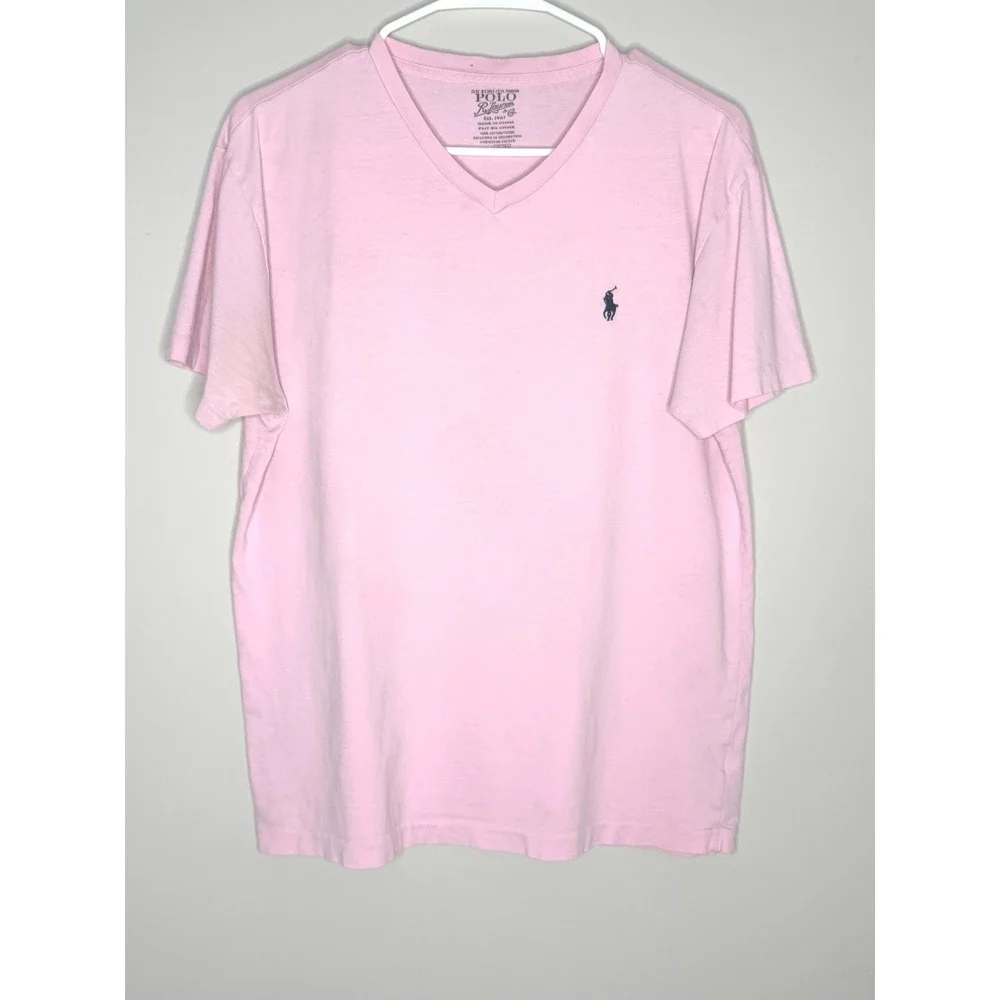 Polo Ralph Lauren Pink V-Neck T-Shirt Large Cotton Pony Logo Classic